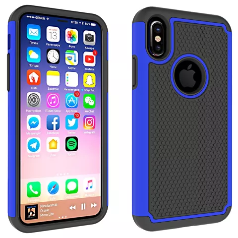 Coque hybride en plastique et silicone clout&eacute;e en deux parties compatible avec iPhone X XS - Bleu Noir