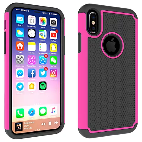 Coque hybride en plastique et silicone compatible avec iPhone X XS &agrave; bulles en deux parties - Rose Noir