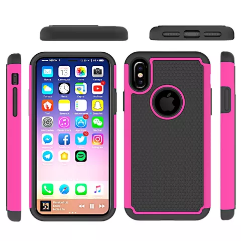 Coque hybride en plastique et silicone compatible avec iPhone X XS &agrave; bulles en deux parties - Rose Noir