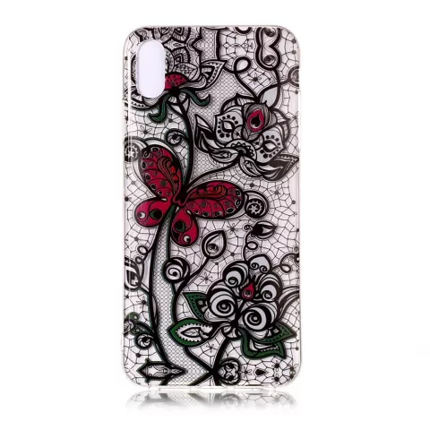 Coque Papillon Fleurs en Dentelle Transparente TPU compatible avec iPhone XR - Noir Rouge