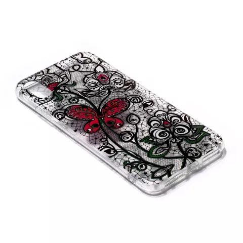 Coque Papillon Fleurs en Dentelle Transparente TPU compatible avec iPhone XR - Noir Rouge