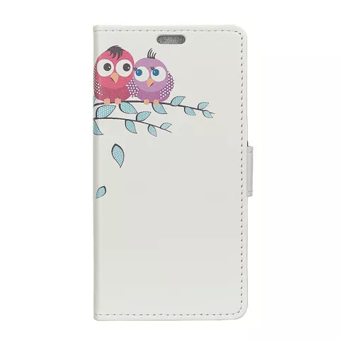 Biblioth&egrave;que portefeuille en cuir hiboux sur branche compatible avec iPhone XR - Blanc