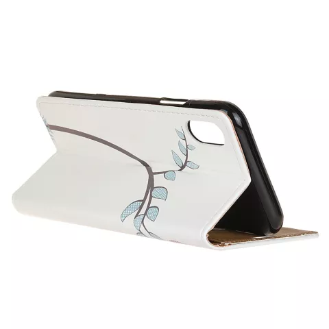 Biblioth&egrave;que portefeuille en cuir hiboux sur branche compatible avec iPhone XR - Blanc