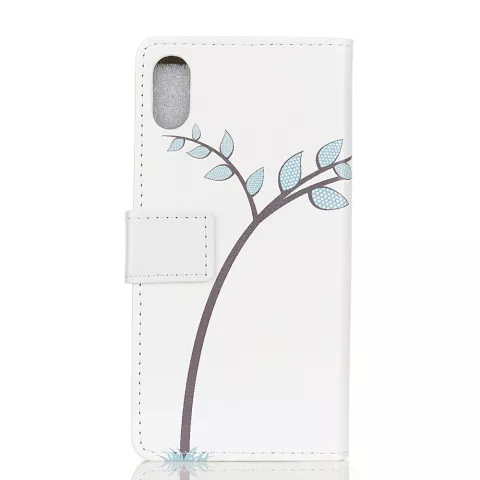 Biblioth&egrave;que portefeuille en cuir hiboux sur branche compatible avec iPhone XR - Blanc