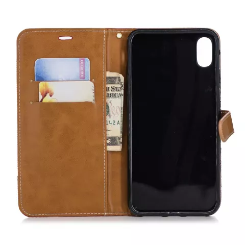 Tissu Cuir compatible avec iPhone XS Max Bookcase Wallet Case Standard - Noir Marron
