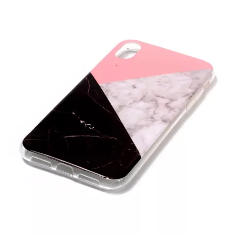 Coque iPhone XS Max en TPU G&eacute;om&eacute;trique Marbre - Rose Noir Blanc
