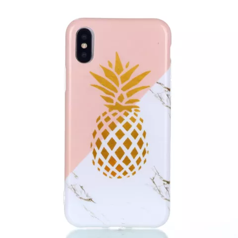 Coque flexible marbre ananas dor&eacute; marbre dor&eacute; compatible avec iPhone X XS - Rose Blanc