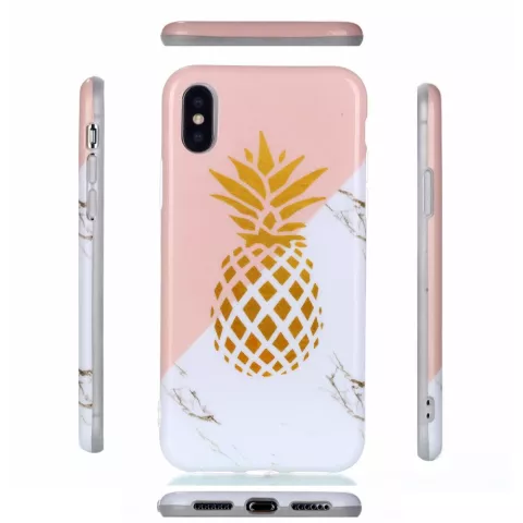 Coque flexible marbre ananas dor&eacute; marbre dor&eacute; compatible avec iPhone X XS - Rose Blanc