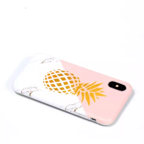 Coque flexible marbre ananas dor&eacute; marbre dor&eacute; compatible avec iPhone X XS - Rose Blanc