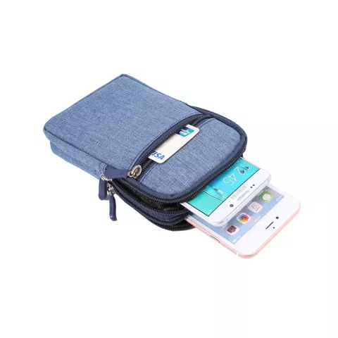 Sac de t&eacute;l&eacute;phone universel portefeuille Denim 3 compartiments sac de sport de survie - Mousqueton Bleu