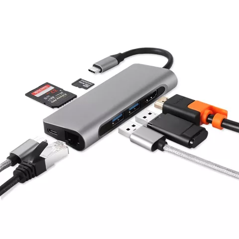 Hub PD USB-C multifonctionnel avec lecteur de carte SD TF HDMI 4K 2x adaptateur USB 3.0 RJ45 Gigabit Ethernet compatible avec MacBook