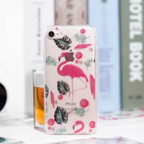 Coque TPU Glitter Powder compatible avec iPhone 7 8 SE 2020 SE 2022 - flamants roses et feuilles