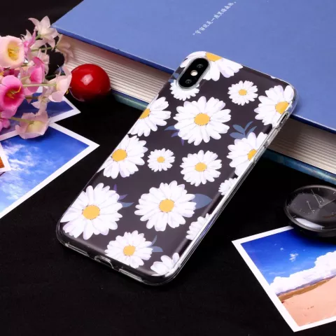 Magnifique coque en TPU Floral compatible avec iPhone X XS - Marguerites noires