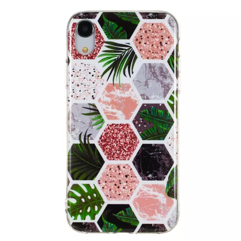 Coque en TPU souple imprim&eacute; Hexagons la coque compatible avec iPhone XR - feuilles et marbre
