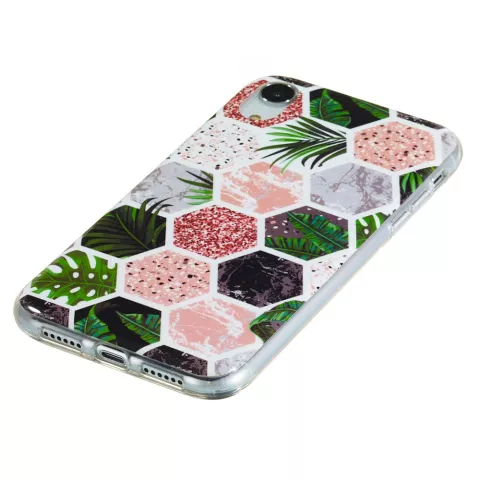 Coque en TPU souple imprim&eacute; Hexagons la coque compatible avec iPhone XR - feuilles et marbre