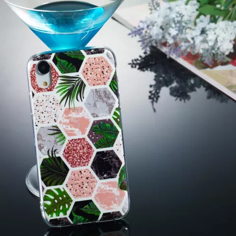 Coque en TPU souple imprim&eacute; Hexagons la coque compatible avec iPhone XR - feuilles et marbre