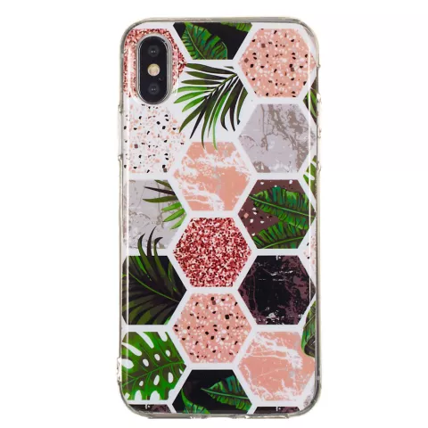 Coque en TPU souple Hexagons Print la coque compatible avec iPhone X XS - feuilles et marbre