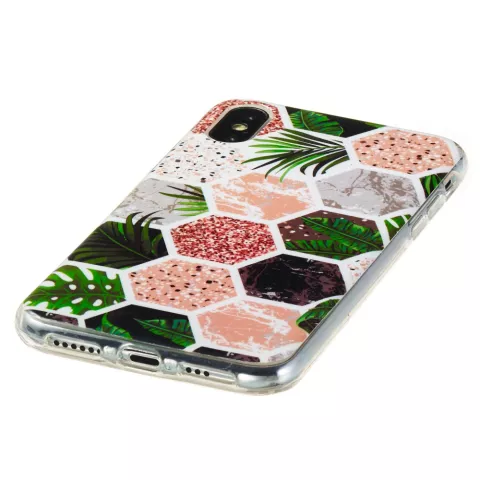 Coque en TPU souple Hexagons Print la coque compatible avec iPhone X XS - feuilles et marbre