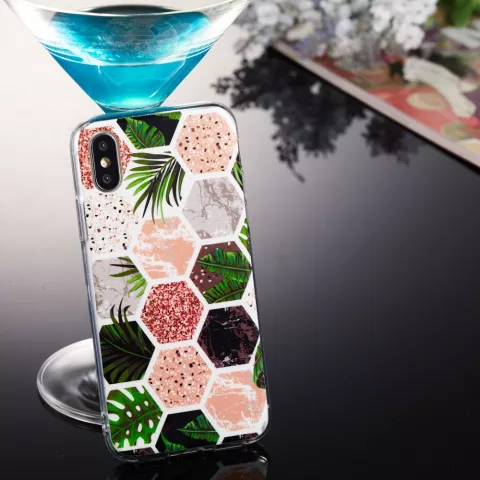 Coque en TPU souple Hexagons Print la coque compatible avec iPhone X XS - feuilles et marbre