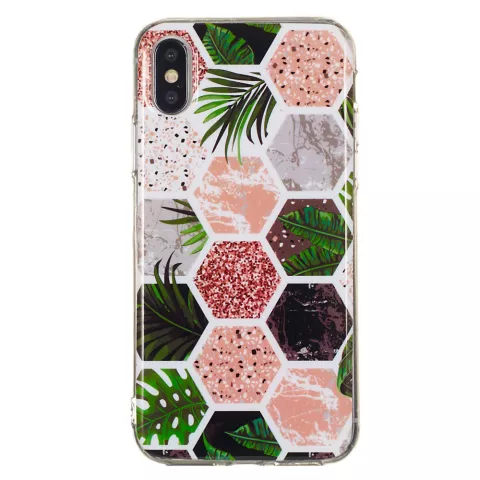 Coque en TPU souple Hexagons Print la coque compatible avec iPhone XS Max - feuilles et marbre