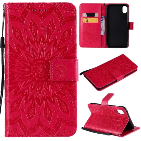 Etui iPhone XR Portefeuille en Cuir &agrave; Motif Tournesol - Rouge standard