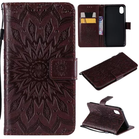 Etui iPhone XR Portefeuille en Cuir &agrave; Motif Tournesol - Marron standard