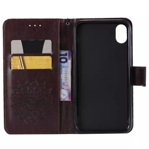 Etui iPhone XR Portefeuille en Cuir &agrave; Motif Tournesol - Marron standard