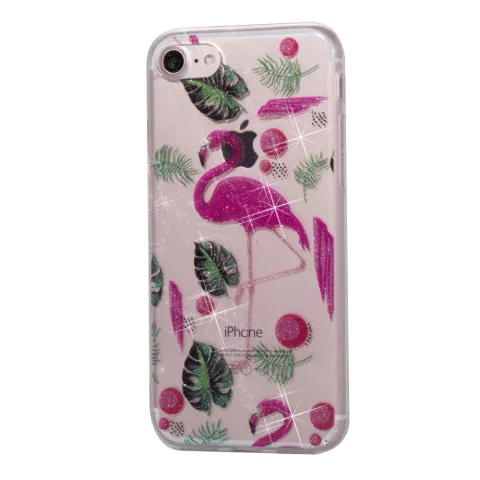 Coque TPU Glitter Powder compatible avec iPhone 7 8 SE 2020 SE 2022 - flamants roses et feuilles