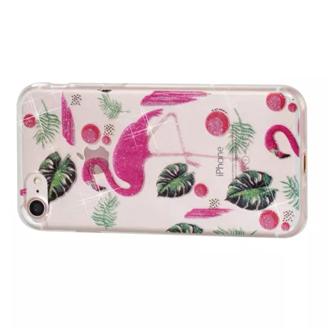 Coque TPU Glitter Powder compatible avec iPhone 7 8 SE 2020 SE 2022 - flamants roses et feuilles