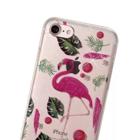 Coque TPU Glitter Powder compatible avec iPhone 7 8 SE 2020 SE 2022 - flamants roses et feuilles
