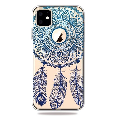 Coque iPhone 11 Dreamcatcher Mandala Web Blue Feathers Spiritual Case TPU - Transparente