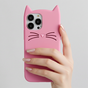 Coque en silicone chat mignon compatible avec iPhone 15 - rose