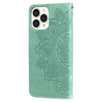 Étui portefeuille en cuir artificiel avec mandala compatible avec iPhone 13 Pro - vert