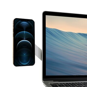 Support de téléphone magnétique en aluminium pour ordinateur portable compatible avec MacBook et iPhone - Couleur argent Support de téléphone magnétique en aluminium pour ordinateur portable compatible avec MacBook et iPhone - Couleur argent