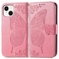 Étui Butterfly Wallet en similicuir pour iPhone 14 - rose