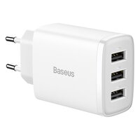 Chargeur Compact Baseus avec 3 Ports USB-A Adaptateur Secteur 17 W Prise UE - Blanc